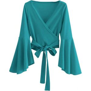 imageSweatyRocks Womens Long Sleeve V Neck Tie Knot Bandage Wrap Blouse Crop TopCadet Blue