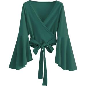 imageSweatyRocks Womens Long Sleeve V Neck Tie Knot Bandage Wrap Blouse Crop TopDeep Green