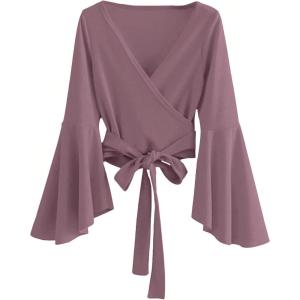 imageSweatyRocks Womens Long Sleeve V Neck Tie Knot Bandage Wrap Blouse Crop TopDusty Pink