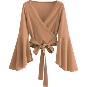 imageSweatyRocks Womens Long Sleeve V Neck Tie Knot Bandage Wrap Blouse Crop TopKhaki