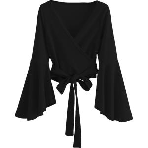 imageSweatyRocks Womens Long Sleeve V Neck Tie Knot Bandage Wrap Blouse Crop TopPure Black