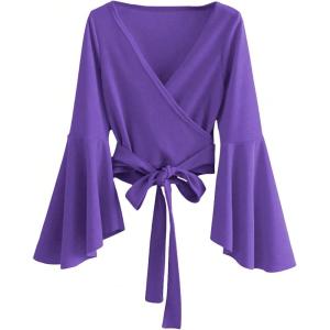 imageSweatyRocks Womens Long Sleeve V Neck Tie Knot Bandage Wrap Blouse Crop TopPurple