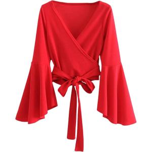 imageSweatyRocks Womens Long Sleeve V Neck Tie Knot Bandage Wrap Blouse Crop TopRed
