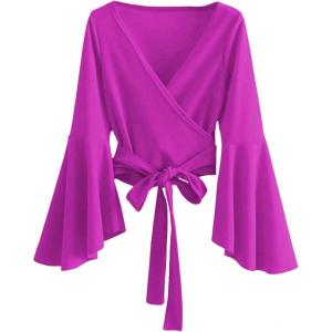 imageSweatyRocks Womens Long Sleeve V Neck Tie Knot Bandage Wrap Blouse Crop TopRed Violet