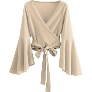 imageSweatyRocks Womens Long Sleeve V Neck Tie Knot Bandage Wrap Blouse Crop TopSolid Beige