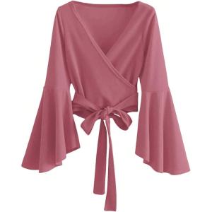 imageSweatyRocks Womens Long Sleeve V Neck Tie Knot Bandage Wrap Blouse Crop TopWatermelon Pink