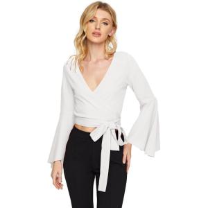imageSweatyRocks Womens Long Sleeve V Neck Tie Knot Bandage Wrap Blouse Crop TopWhite