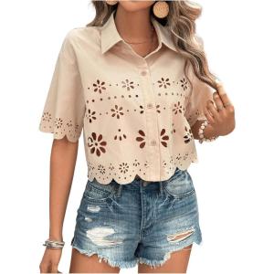 imageSweatyRocks Womens Short Sleeve Button Down Eyelet Crochet Shirt Asymmetrical Hem Crop Top BlouseApricot