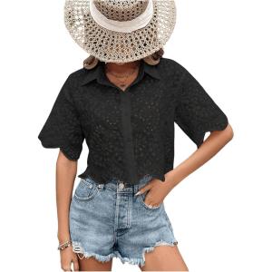 imageSweatyRocks Womens Short Sleeve Button Down Eyelet Crochet Shirt Asymmetrical Hem Crop Top BlouseBlack