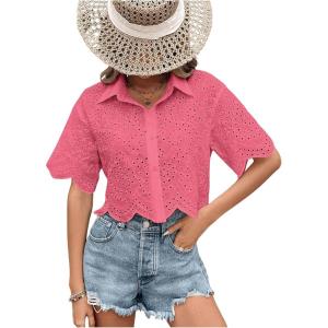 imageSweatyRocks Womens Short Sleeve Button Down Eyelet Crochet Shirt Asymmetrical Hem Crop Top BlouseHot Pink