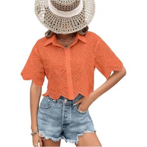 imageSweatyRocks Womens Short Sleeve Button Down Eyelet Crochet Shirt Asymmetrical Hem Crop Top BlouseOrange