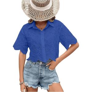 imageSweatyRocks Womens Short Sleeve Button Down Eyelet Crochet Shirt Asymmetrical Hem Crop Top BlouseRoyal Blue