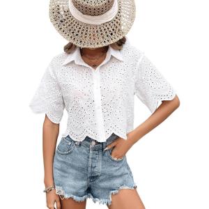 imageSweatyRocks Womens Short Sleeve Button Down Eyelet Crochet Shirt Asymmetrical Hem Crop Top BlouseWhite