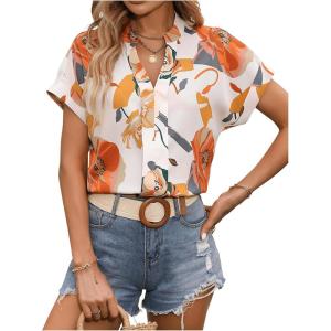 imageSweatyRocks Womens Short Sleeve Striped Printed Blouse Color Block Work Blouse Tee TopApricot and Orange