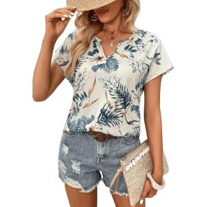 imageSweatyRocks Womens Short Sleeve Striped Printed Blouse Color Block Work Blouse Tee TopBeige Blue