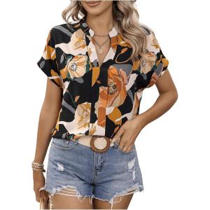 imageSweatyRocks Womens Short Sleeve Striped Printed Blouse Color Block Work Blouse Tee TopBlack Orange