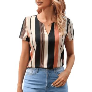 imageSweatyRocks Womens Short Sleeve Striped Printed Blouse Color Block Work Blouse Tee TopBlack and Pink