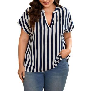imageSweatyRocks Womens Short Sleeve Striped Printed Blouse Color Block Work Blouse Tee TopBlue and White