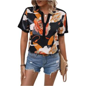 imageSweatyRocks Womens Short Sleeve Striped Printed Blouse Color Block Work Blouse Tee TopFloral Black