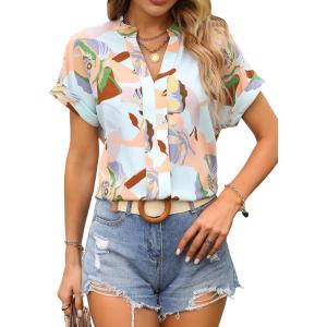 imageSweatyRocks Womens Short Sleeve Striped Printed Blouse Color Block Work Blouse Tee TopLight Blue