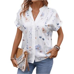 imageSweatyRocks Womens Short Sleeve Striped Printed Blouse Color Block Work Blouse Tee TopWhite Floral