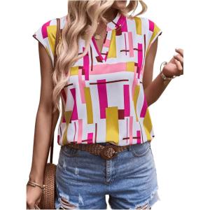 imageSweatyRocks Womens Short Sleeve Striped Printed Blouse Color Block Work Blouse Tee TopWhite Pink