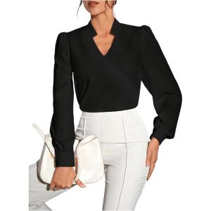 imageSweatyRocks Womens Wrap Front Blouse Notch V Neck Puff Long Sleeve Shirt TopBlack