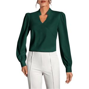 imageSweatyRocks Womens Wrap Front Blouse Notch V Neck Puff Long Sleeve Shirt TopDark Green