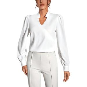 imageSweatyRocks Womens Wrap Front Blouse Notch V Neck Puff Long Sleeve Shirt TopWhite
