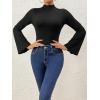 imageSweatyRocks Womens Lettuce Trim Long Bell Sleeve Mock Neck Slim Fit T Shirt Bodysuit TopsBlack