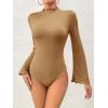 imageSweatyRocks Womens Lettuce Trim Long Bell Sleeve Mock Neck Slim Fit T Shirt Bodysuit TopsKhaki
