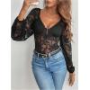 imageSweatyRocks Womens Long Sleeve Lace Bodysuit Fishnet Sheer Mesh Leotards TopsBlack