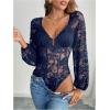 imageSweatyRocks Womens Long Sleeve Lace Bodysuit Fishnet Sheer Mesh Leotards TopsBlue