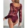 imageSweatyRocks Womens Long Sleeve Lace Bodysuit Fishnet Sheer Mesh Leotards TopsBurgundy