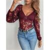 imageSweatyRocks Womens Long Sleeve Lace Bodysuit Fishnet Sheer Mesh Leotards TopsBurgundy