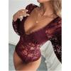 imageSweatyRocks Womens Long Sleeve Lace Bodysuit Fishnet Sheer Mesh Leotards TopsBurgundy