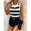 imageSweatyRocks Womens Striped Color Block Bodysuit Sleeveless Round Neck Slim Fitted Jumpsuit ShirtsBlack and White