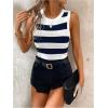 imageSweatyRocks Womens Striped Color Block Bodysuit Sleeveless Round Neck Slim Fitted Jumpsuit ShirtsBlue