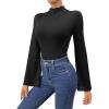 imageSweatyRocks Womens Lettuce Trim Long Bell Sleeve Mock Neck Slim Fit T Shirt Bodysuit TopsBlack