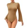 imageSweatyRocks Womens Lettuce Trim Long Bell Sleeve Mock Neck Slim Fit T Shirt Bodysuit TopsKhaki