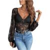 imageSweatyRocks Womens Long Sleeve Lace Bodysuit Fishnet Sheer Mesh Leotards TopsBlack