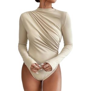 imageSweatyRocks Womens Bodysuit Mock Neck Casual Ruched Long Sleeve JumpsuitApricot