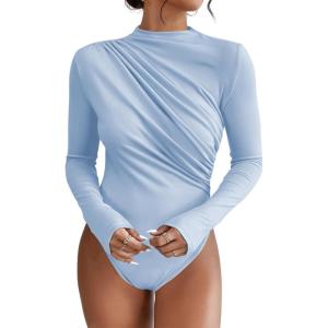 imageSweatyRocks Womens Bodysuit Mock Neck Casual Ruched Long Sleeve JumpsuitBlue