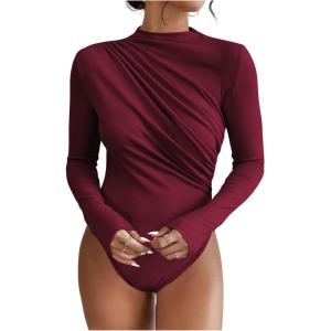 imageSweatyRocks Womens Bodysuit Mock Neck Casual Ruched Long Sleeve JumpsuitBurgundy