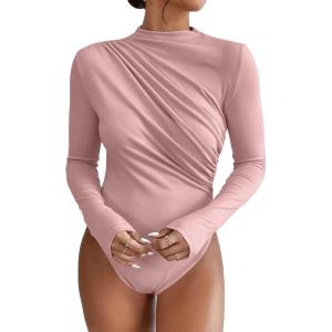 imageSweatyRocks Womens Bodysuit Mock Neck Casual Ruched Long Sleeve JumpsuitLight Pink