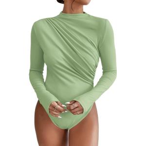 imageSweatyRocks Womens Bodysuit Mock Neck Casual Ruched Long Sleeve JumpsuitLime Green