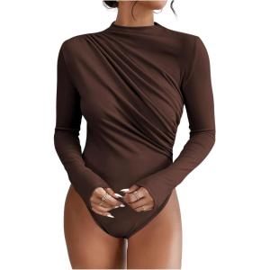 imageSweatyRocks Womens Bodysuit Mock Neck Casual Ruched Long Sleeve JumpsuitSolid Brown