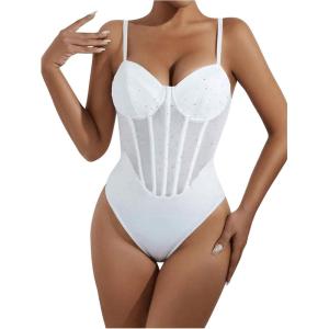 imageSweatyRocks Womens Corset Bodysuit Mesh Sheer Sleeveless Cami Jumpsuit Shirts TopsWhite