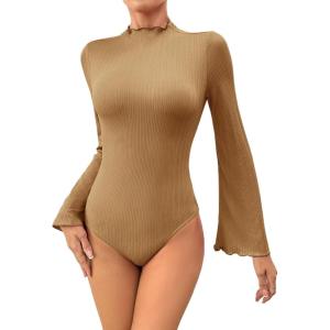 imageSweatyRocks Womens Lettuce Trim Long Bell Sleeve Mock Neck Slim Fit T Shirt Bodysuit TopsKhaki