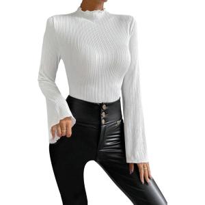 imageSweatyRocks Womens Lettuce Trim Long Bell Sleeve Mock Neck Slim Fit T Shirt Bodysuit TopsWhite